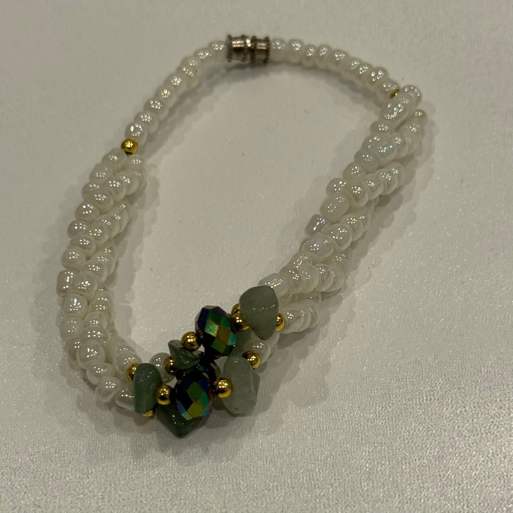 Handmade Beaded Bracelet White faux Pearls Green Gemstone Like Beads Twist Clasp